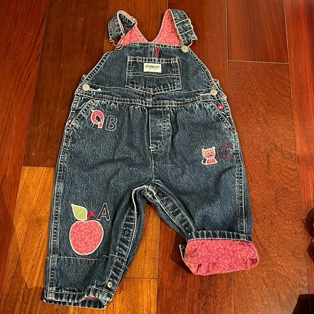 Vintage OshKosh ABC Jean Overalls Patchwork Floral Animals Toddler Girl 6-9 mos